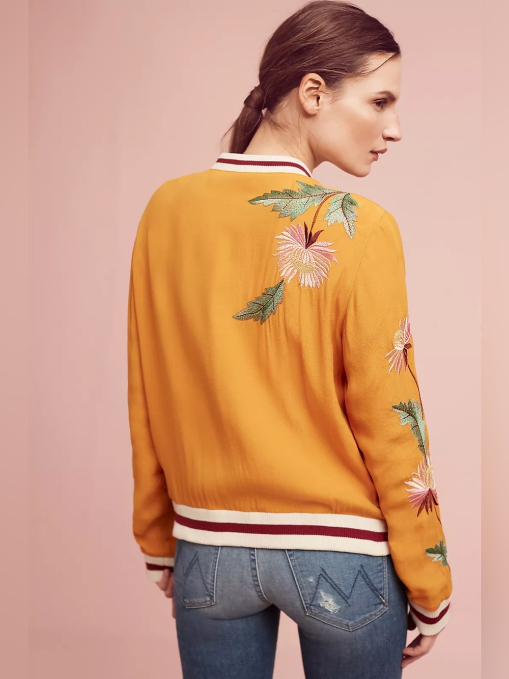 Anthropologie Solstice Mustard Floral Embroidered Bomber Jacket L - Picture 3 of 9